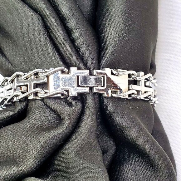 Mens LYNX Stainless Steel Sideways Cross Railroad Chain Bracelet 8.5 Inches - Picture 4 of 6